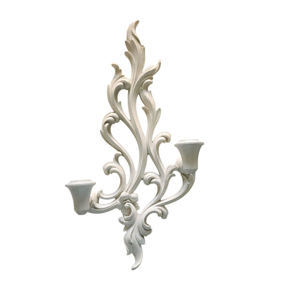 Vintage Syroco Arabesque 2 Candle Wall Sconce Wood Painted White Shabby Chic